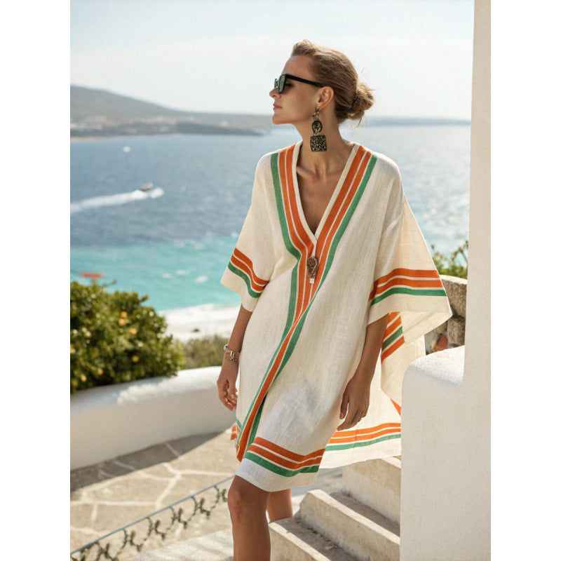 Women Boho Striped V Neck Loose Kaftan Midi Beach Dress