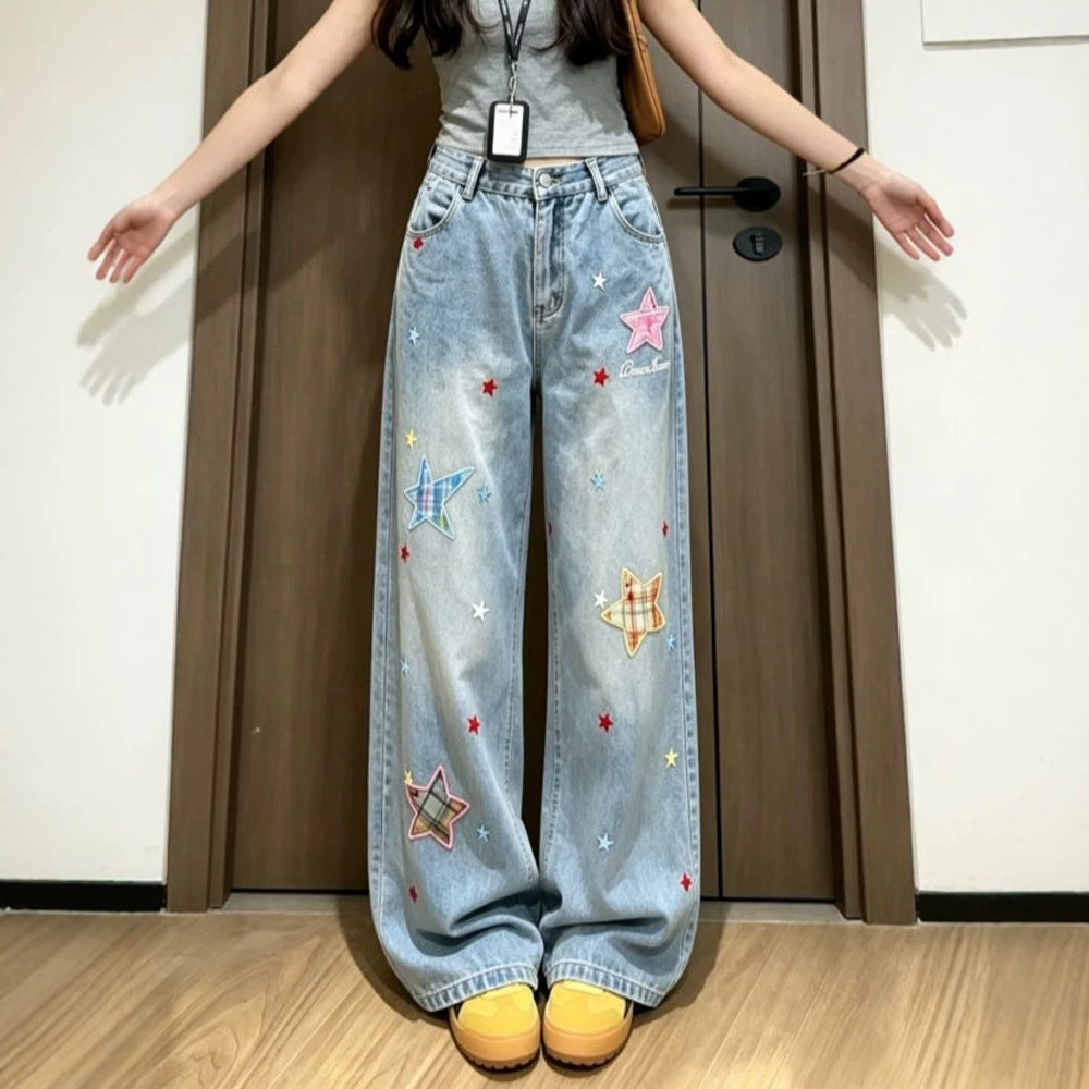 Light Wash Star Patch Wide Leg Denim Jeans Loose Floor Length Pants