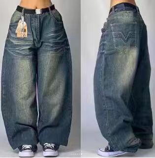 JNCO Style Y2K Baggy Jeans Drachen- & Poker-Stickerei Streetwear Denim-Hose