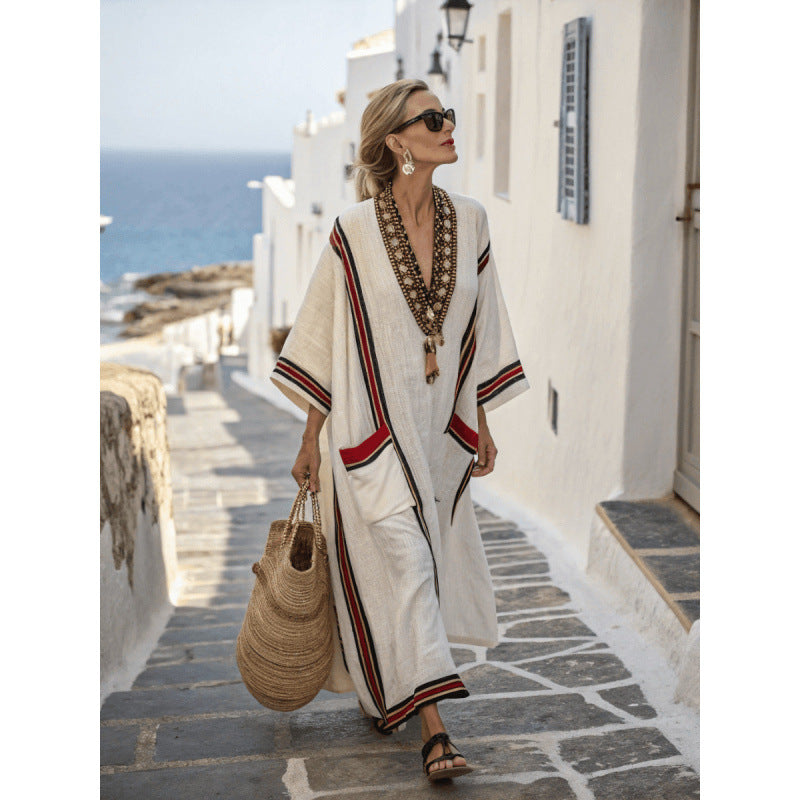 Women Boho V Neck Patch Pocket Print Loose Kaftan Maxi Beach Dress