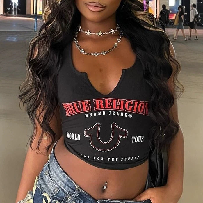 True Religion Letter Print Notch V Neck Sleeveless Crop Tank Top Women