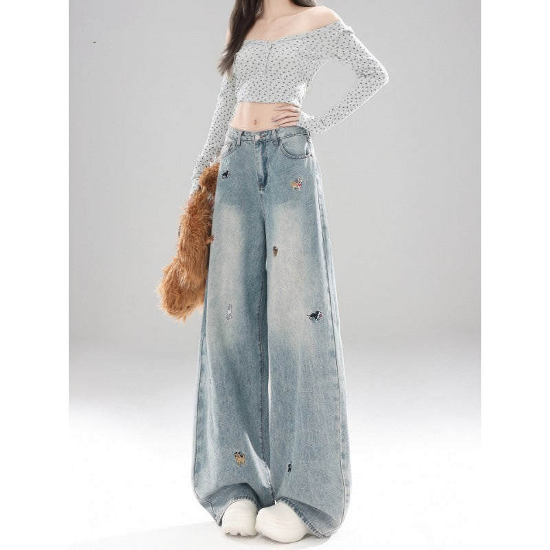 Light Blue Puppy Embroidered Wide Leg Denim High Waist Loose Trousers