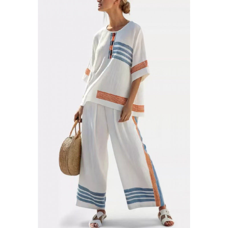 Women Boho Striped Plus Size Loose Kaftan Beach Set