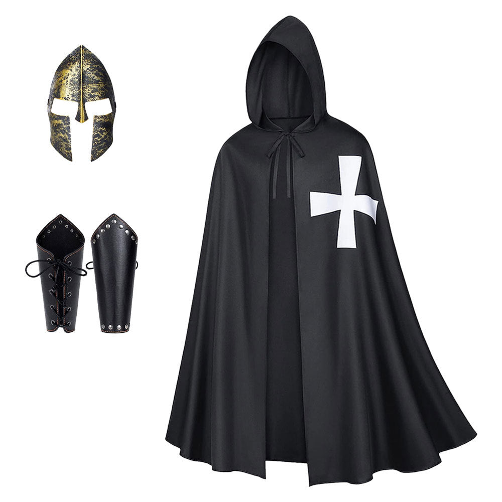 Halloween Men Medieval Templar Knight Hooded Cape Cross Print Cloak