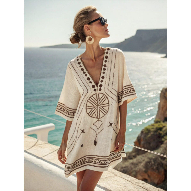 Women Boho Striped V Neck Loose Kaftan Midi Beach Dress