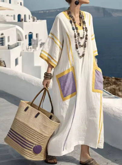 Women Boho Striped Embroidery V Neck Loose Kaftan Maxi Beach Dress