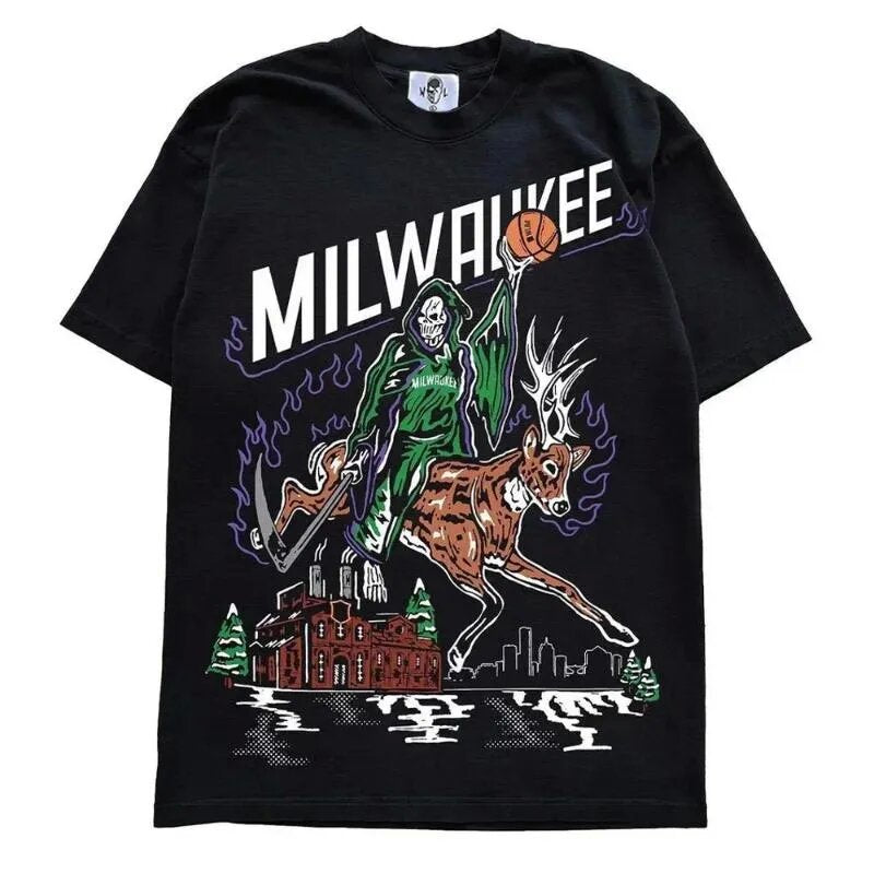 Vintage NBA Team Skelett Grafik Unisex Oversized Streetwear Baumwoll T-Shirt