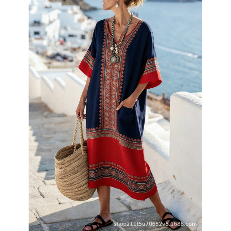 Women Boho Border Print V Neck Loose Kaftan Maxi Beach Dress
