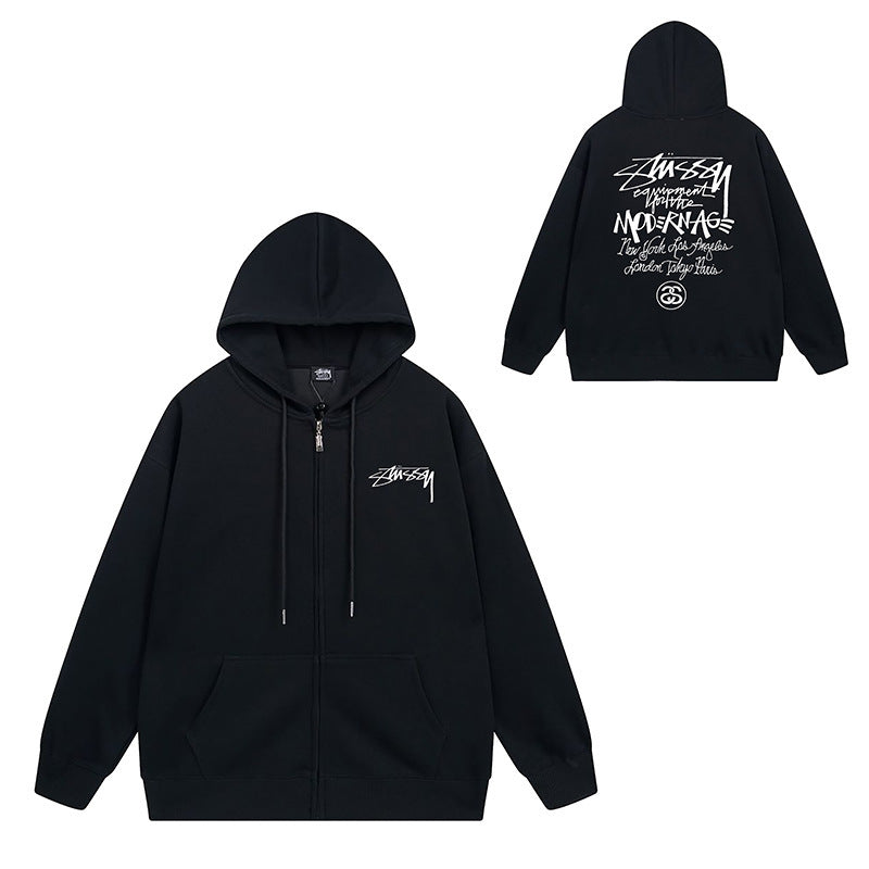 Stussy Graphic Zip Up Hoodie Letter Streetwear Casual Pullover Jacket