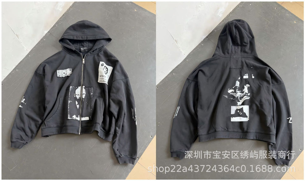 ERD Distressed Photo Letter Print Hoodie Vintage Cotton Pullover