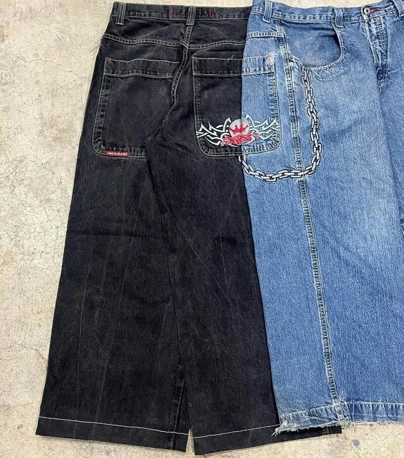 JNCO Style Y2K Embroidered Baggy Wide Leg Denim Jeans Unisex Streetwear Pants