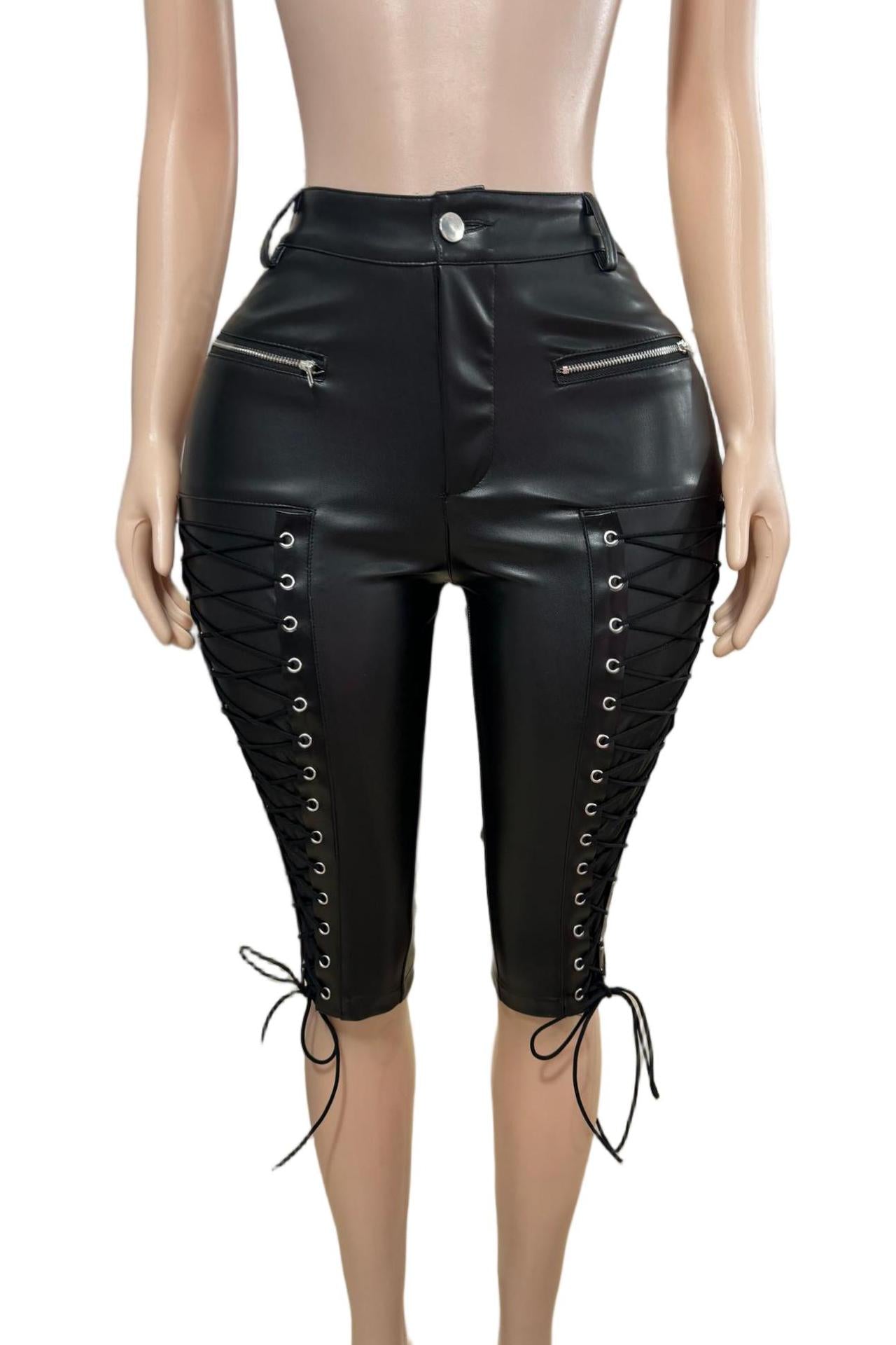 Lace Up Faux Leather Capri Skinny Pants