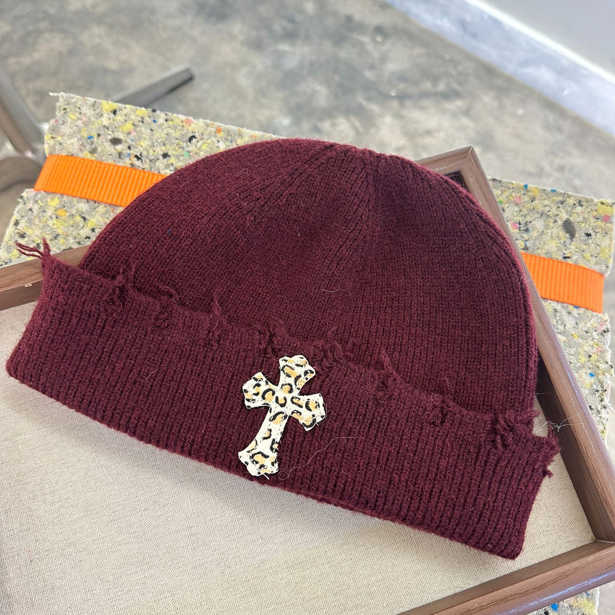 Leopard Cross Distressed Knit Beanie Cuffed Winter Hat Multi‑Style