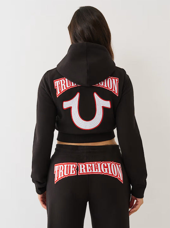 Y2K True Religion Horseshoe Logo Zip Crop Hoodie Straight Jogger 2 Piece Set