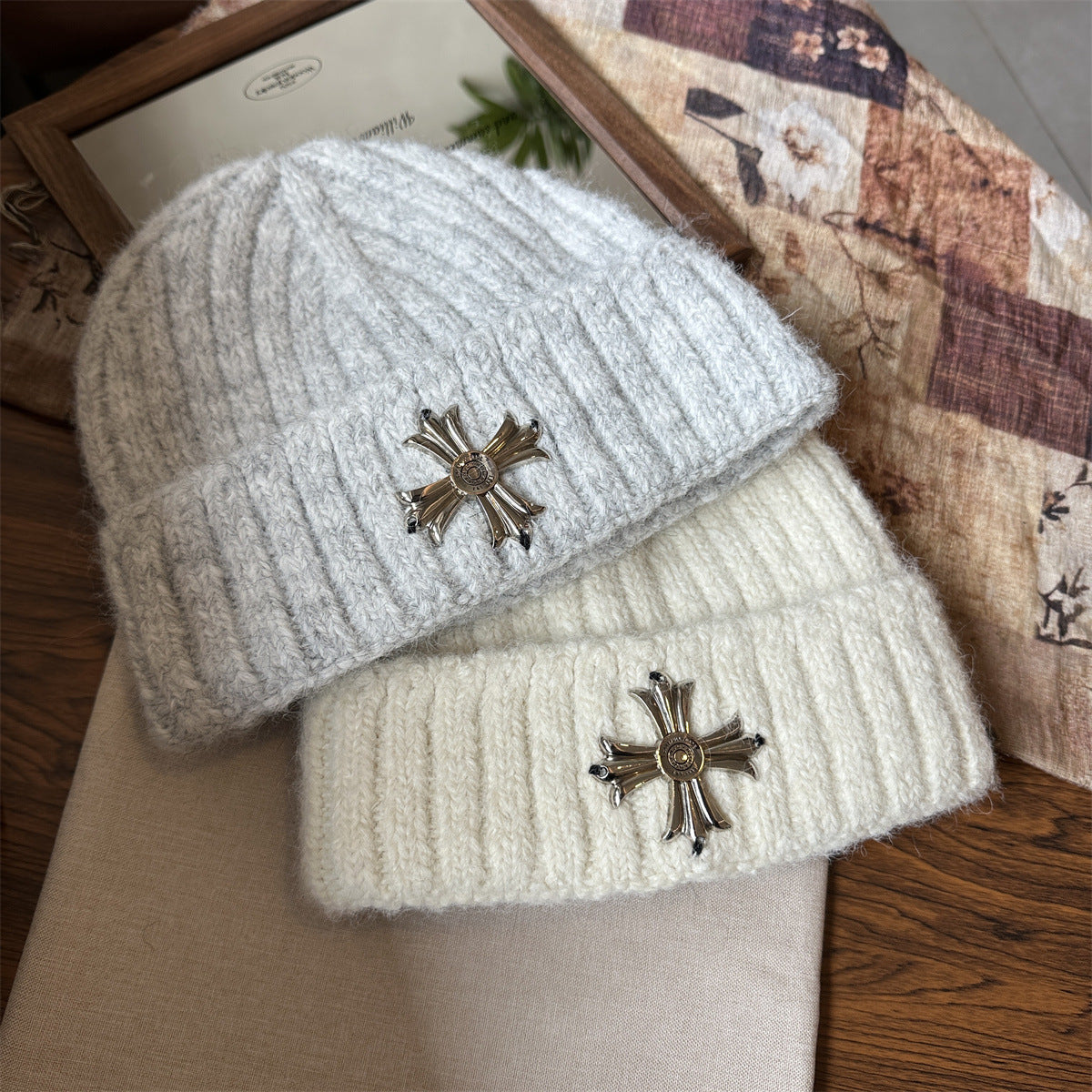Metal Cross Knit Cuffed Beanie Vintage Winter Skull Cap Multi‑Color