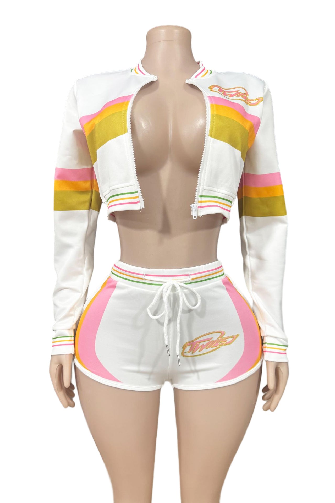 Twiley TM Color Block Zip Up Crop Jacket Shorts 2 Piece Set Women