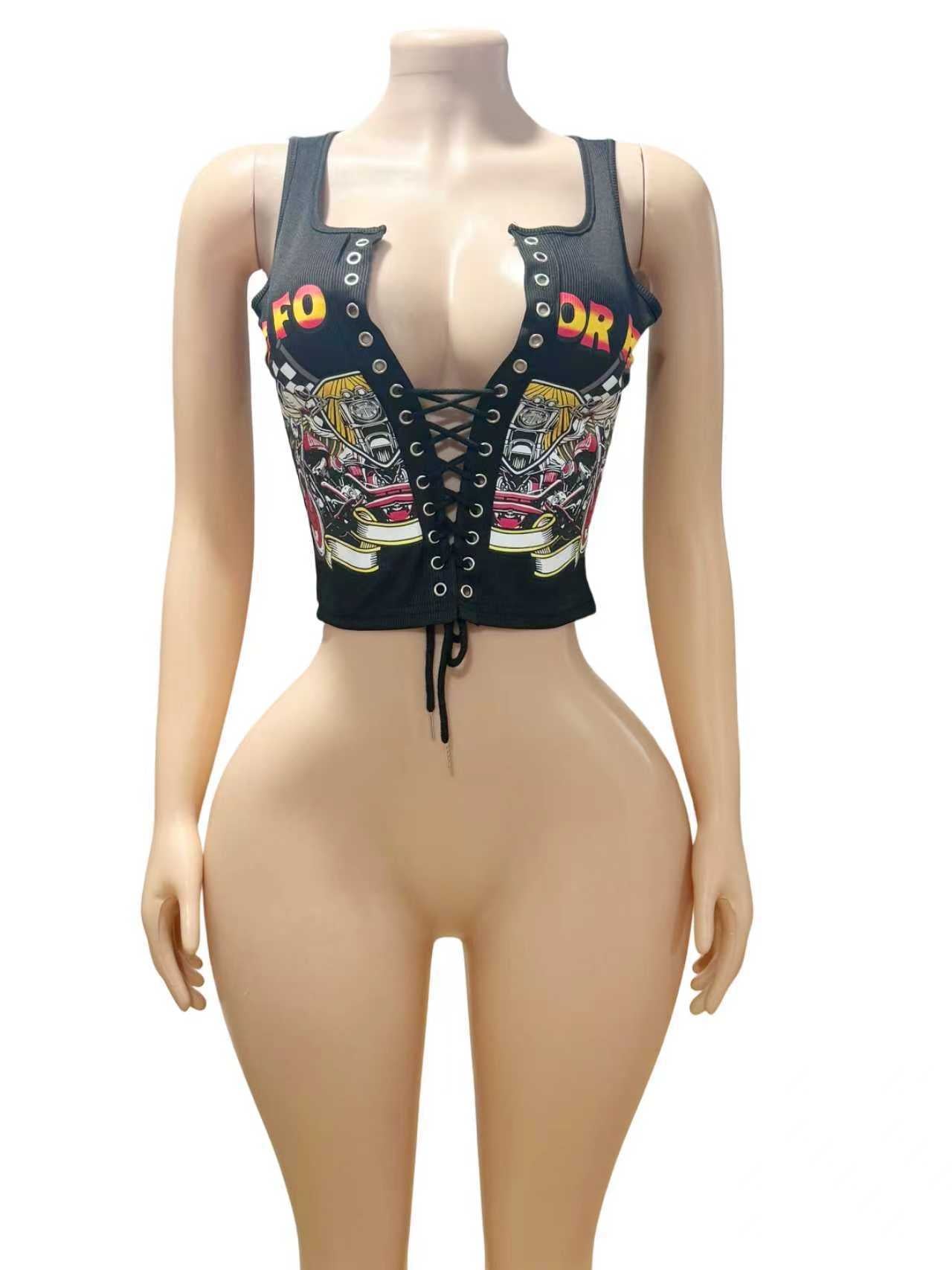Vintage Graphic Lace Up Cutout Sleeveless Crop Tank Top