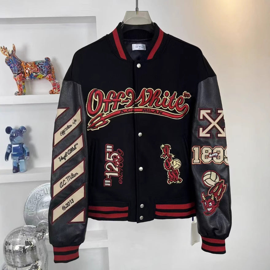 Off White Cartoon Devil Graphic Varsity Jacket Unisex
