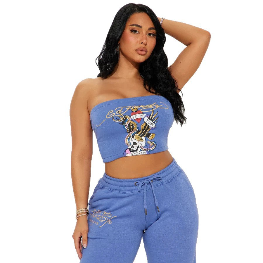 Skull Graphic Print Strapless Tube Top Wide Leg Pants 2 Piece Set Women
