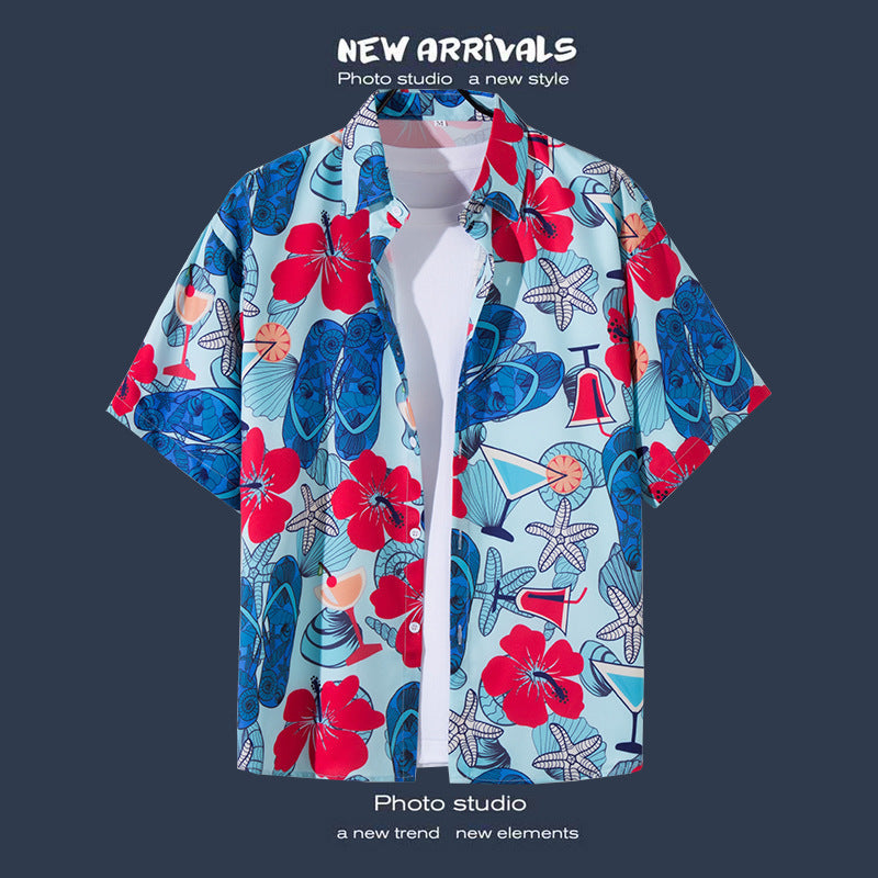 Mens Vintage Tropical Hawaiian Floral Loose Short Sleeve Beach Shirt