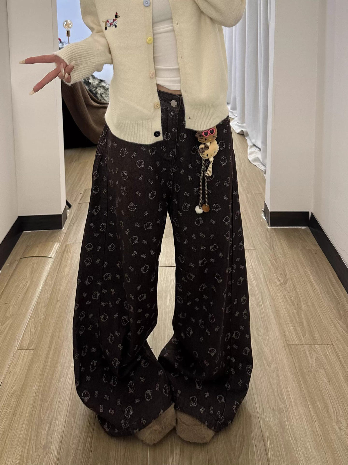 Brown Hello Kitty Print Wide Leg Denim Jeans High Waist Loose Trousers