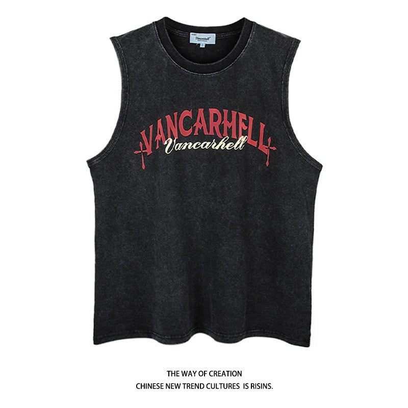 Vintage Washed Graphic Tank Top Mens American Street Sleeveless Tee