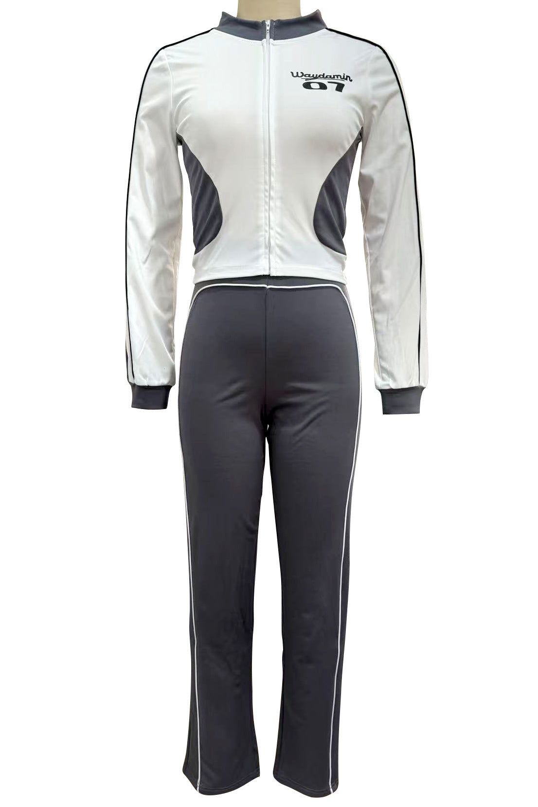 7Varsity Color Block Zip Crop Jacket Flare Pants 2 Piece Set Women