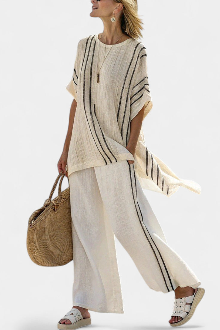 Women European Boho Striped Plus Size Loose Kaftan Beach Vacation Set