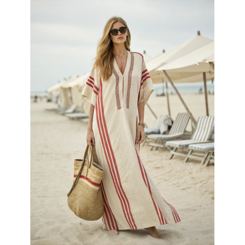Women Boho Floral Border Print V Neck Loose Kaftan Maxi Beach Dress