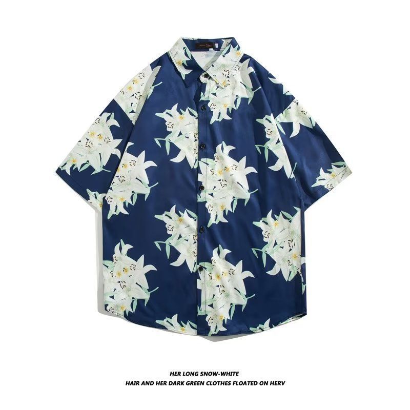 Mens Vintage Cartoon Tropical Print Short Sleeve Beach Shirt