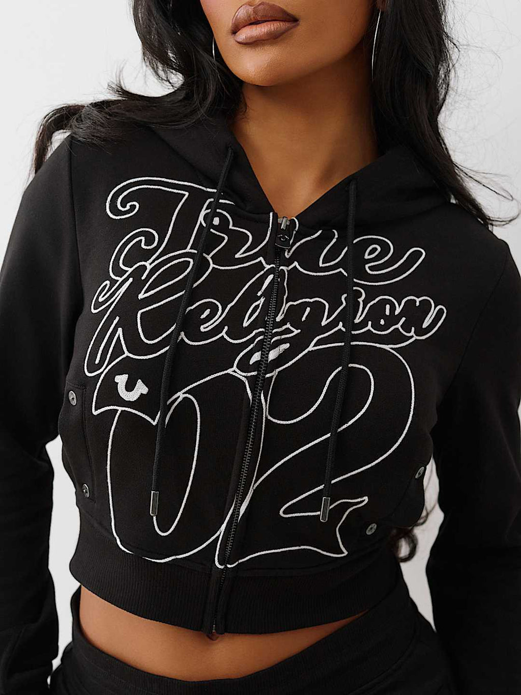 True Religion Graphic Zip Crop Hoodie Short Tracksuit Set