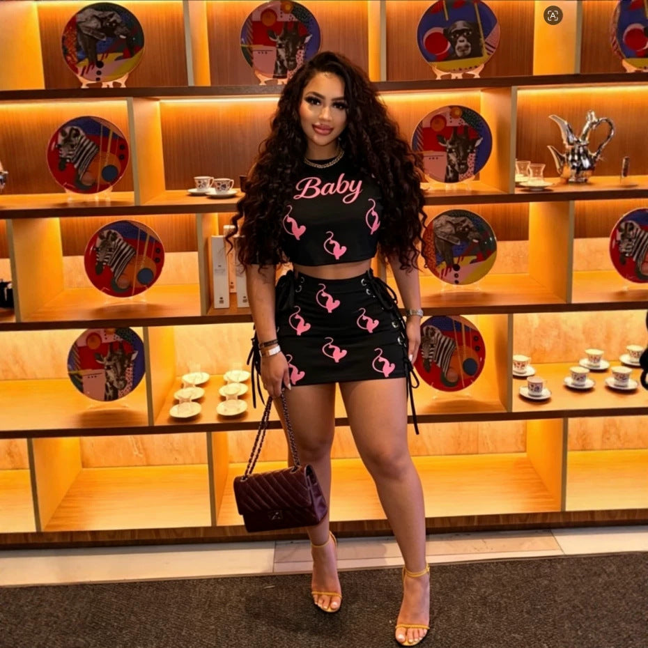 Baby Phat Y2K Graphic Print Crop Top Lace‑Up Mini Skirt Set Women