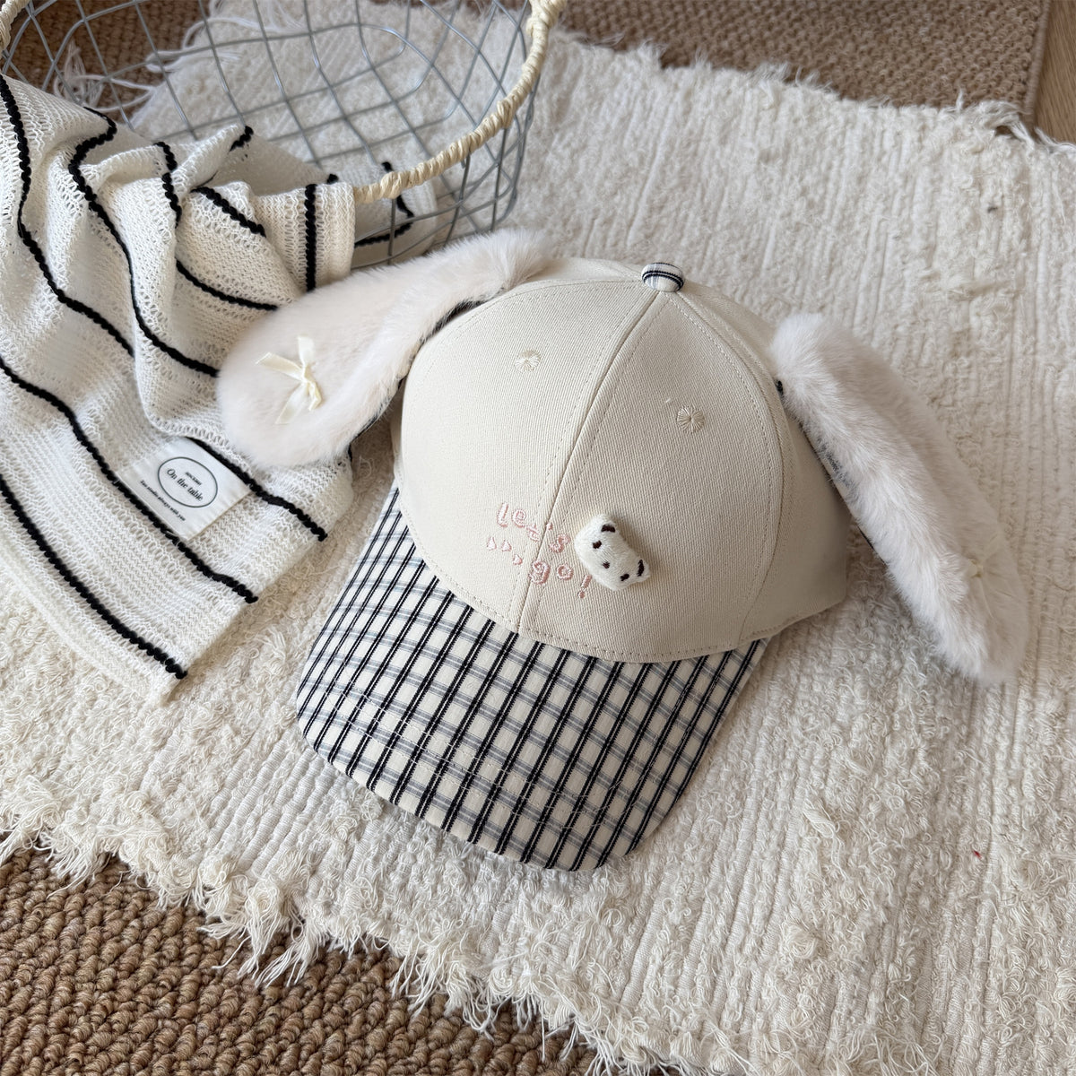 Cute Fluffy Bunny Ear Reversible Plaid Baseball Cap For Girls
