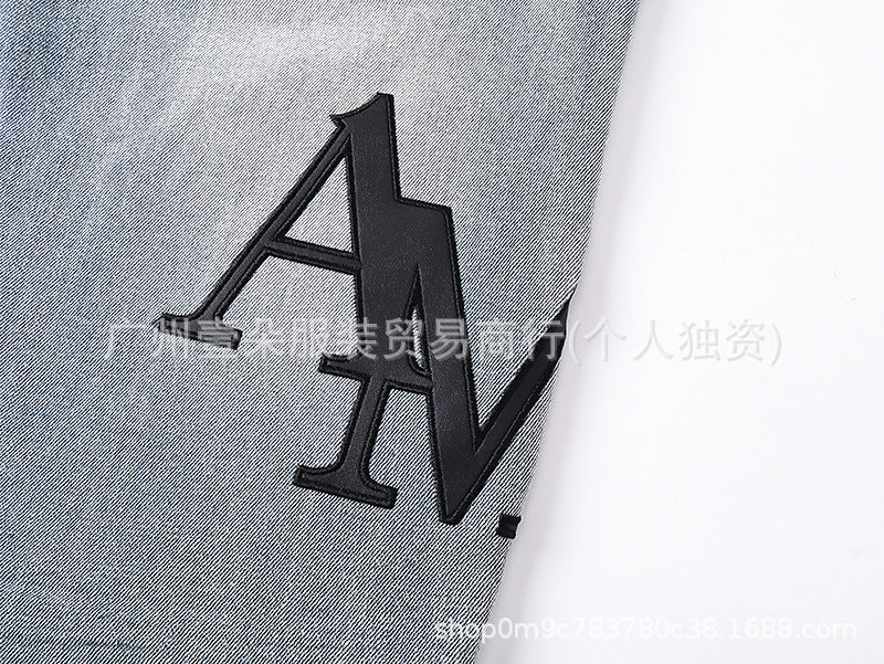 Amiri Blue Letter Embroidery Distressed Stretch Slim Fit Denim Jeans