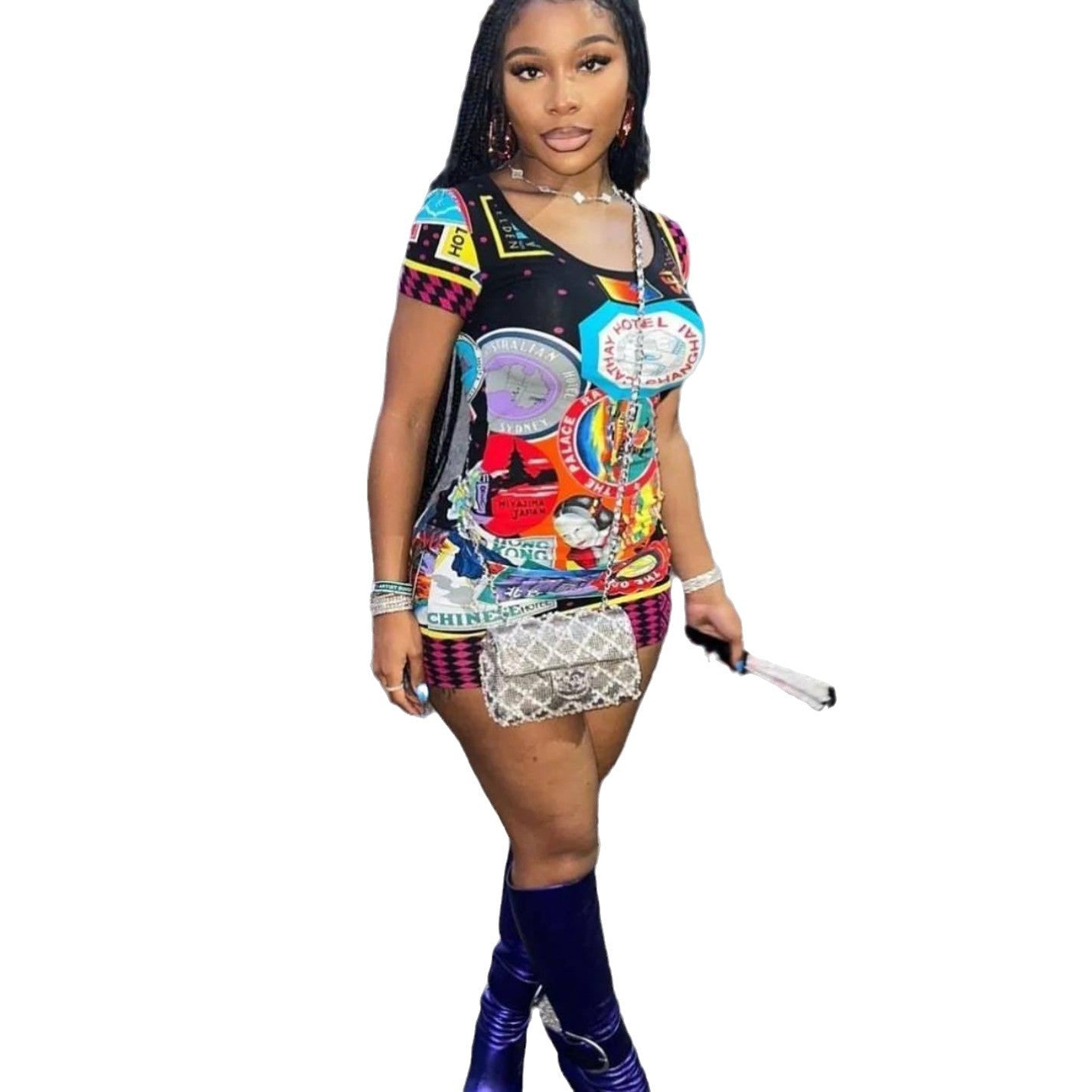 Versus Versace Travel Souvenir Collage Print Bodycon Mini Dress Women