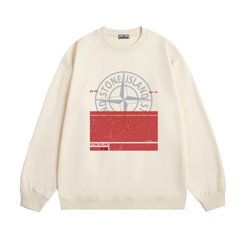 Stone Island Compass Print Crewneck Sweatshirt Men Winter Fleece Top