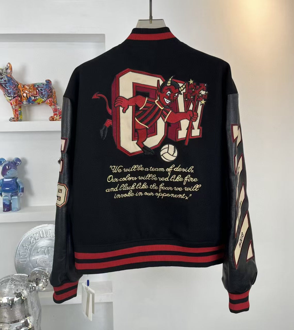 Off White Cartoon Devil Graphic Varsity Jacket Unisex
