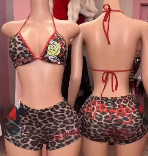 Leopard Rose Print Halter Sexy 2 Piece Shorts Set Women Club Outfit