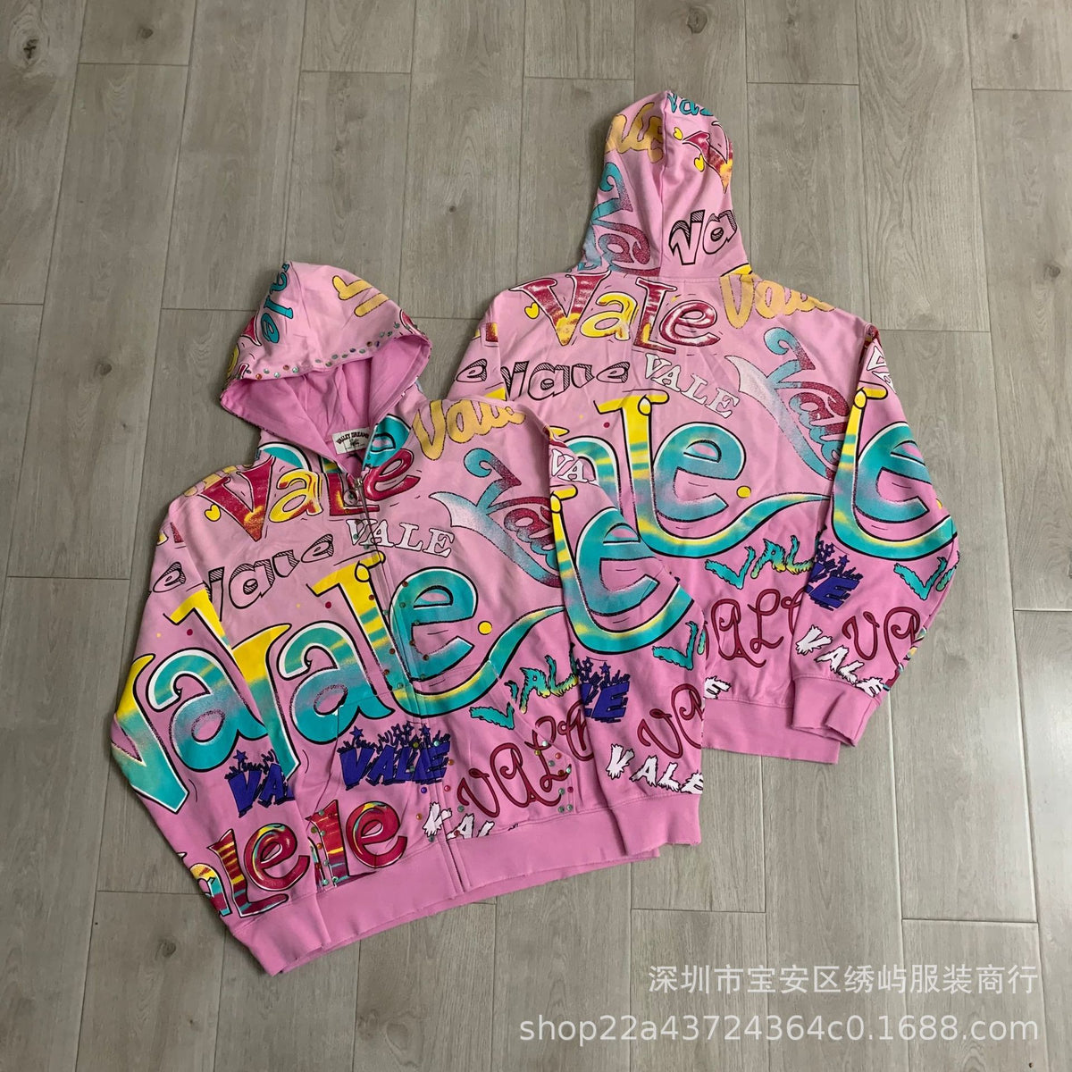 Valley Dreams Graphic Zip Up Hoodie Rhinestone Vintage Street Jacket