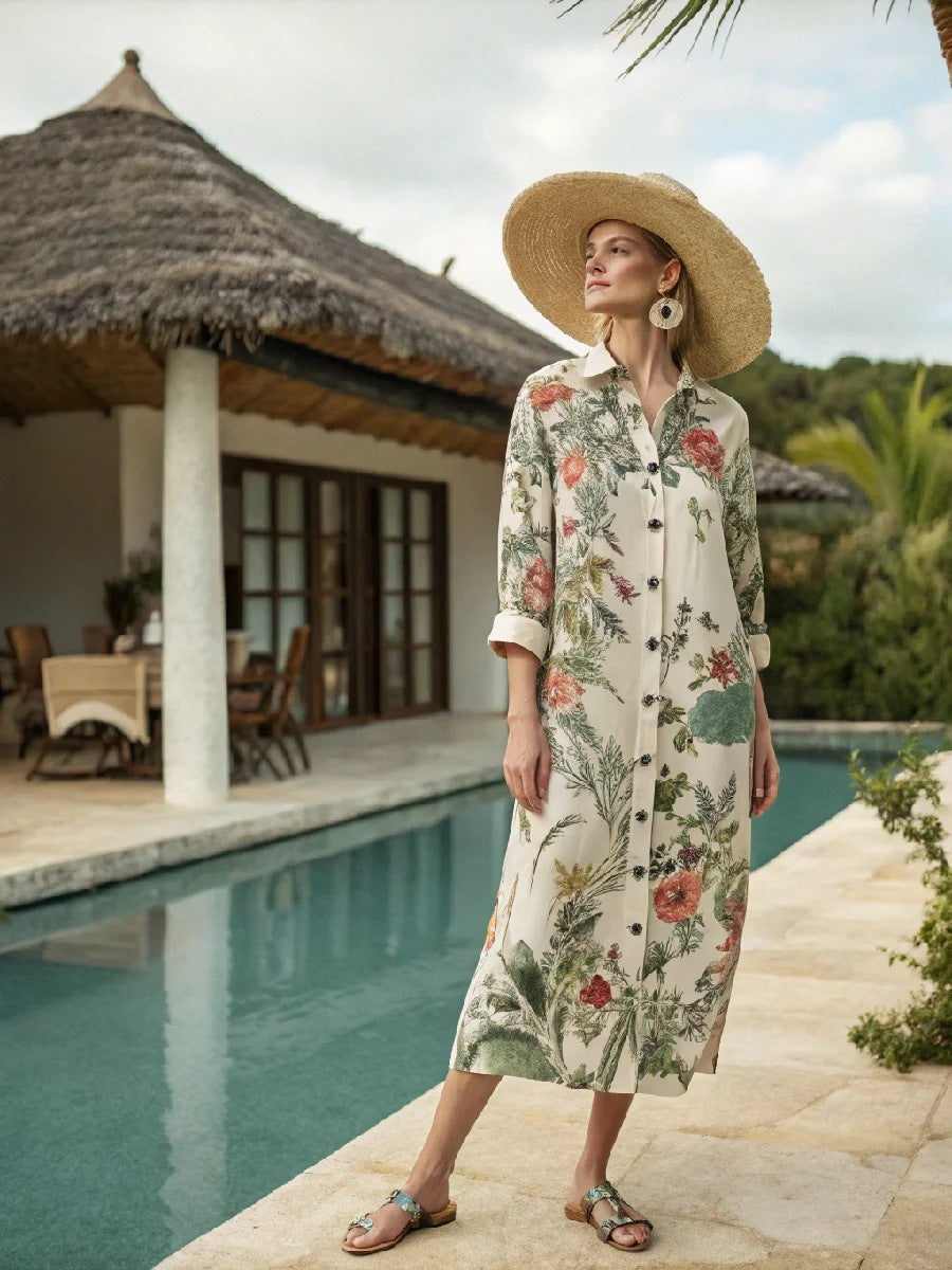 Women Boho Vertical Striped Collared Button Front Slit Loose Maxi Beach Dress