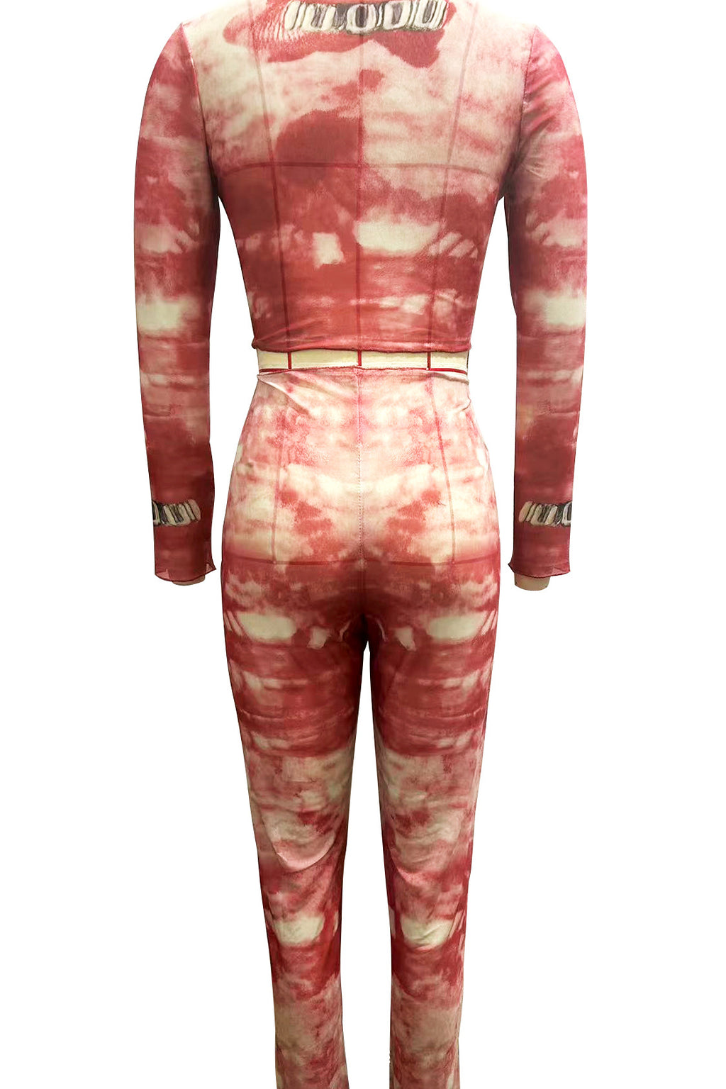 Tie Dye Mesh Long Sleeve Crop Top Leggings 2 Piece Set Women