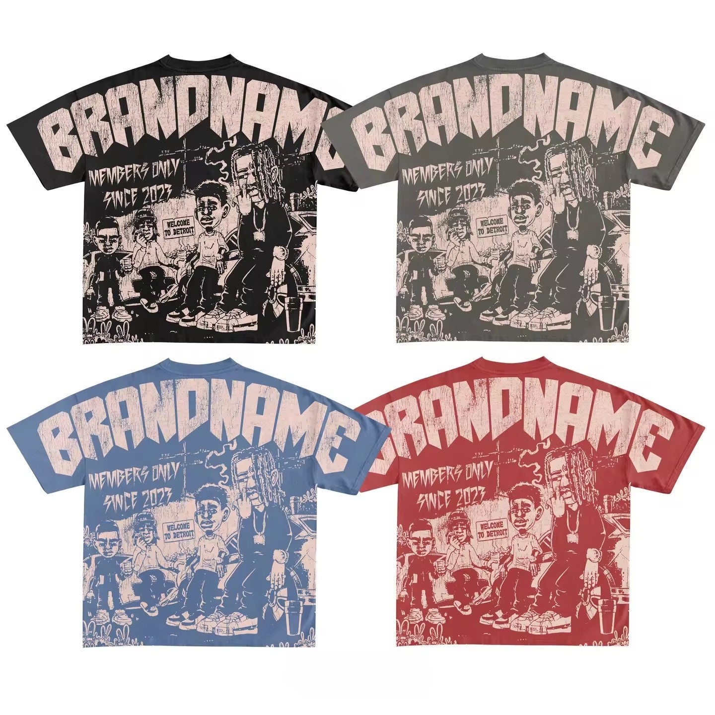 Y2K Hip-Hop Cartoon Portrait Oversized Vintage Baumwoll-T-Shirt im Members-Only-Stil