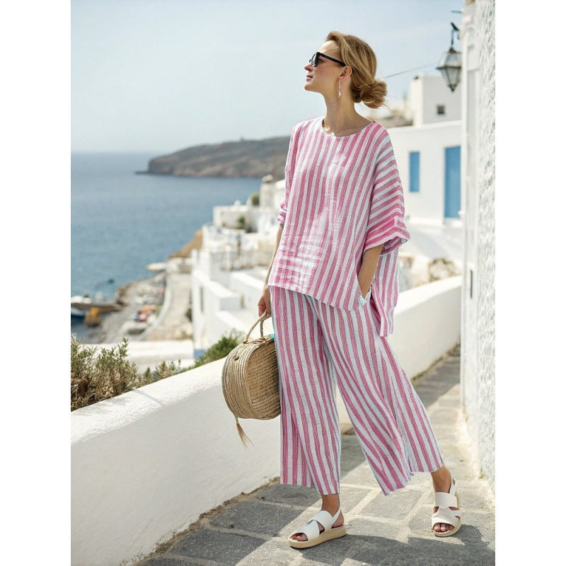 Women Boho Striped Plus Size Loose Kaftan Beach Set