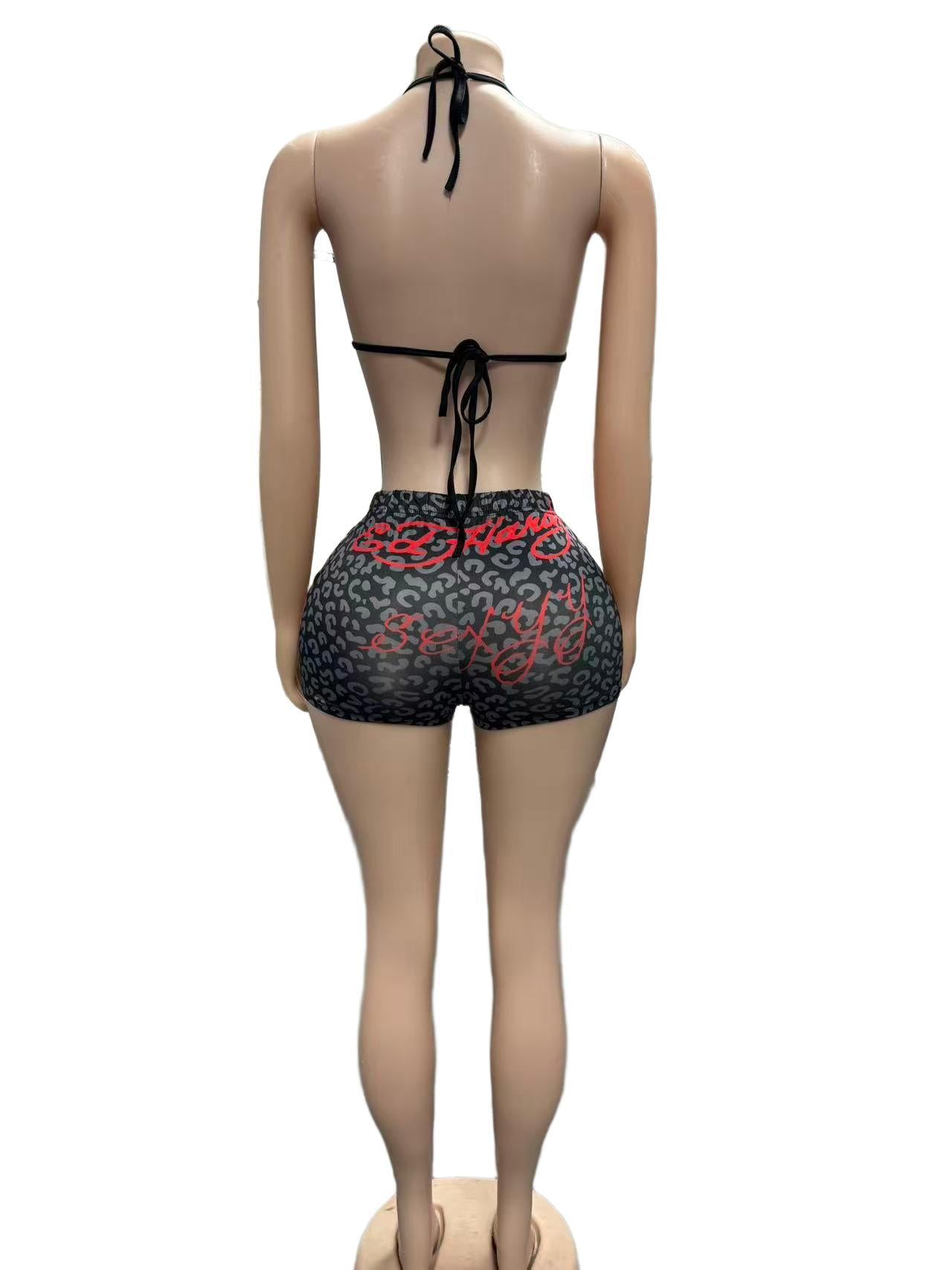 Leopard Rose Print Halter Sexy 2 Piece Shorts Set Women Club Outfit