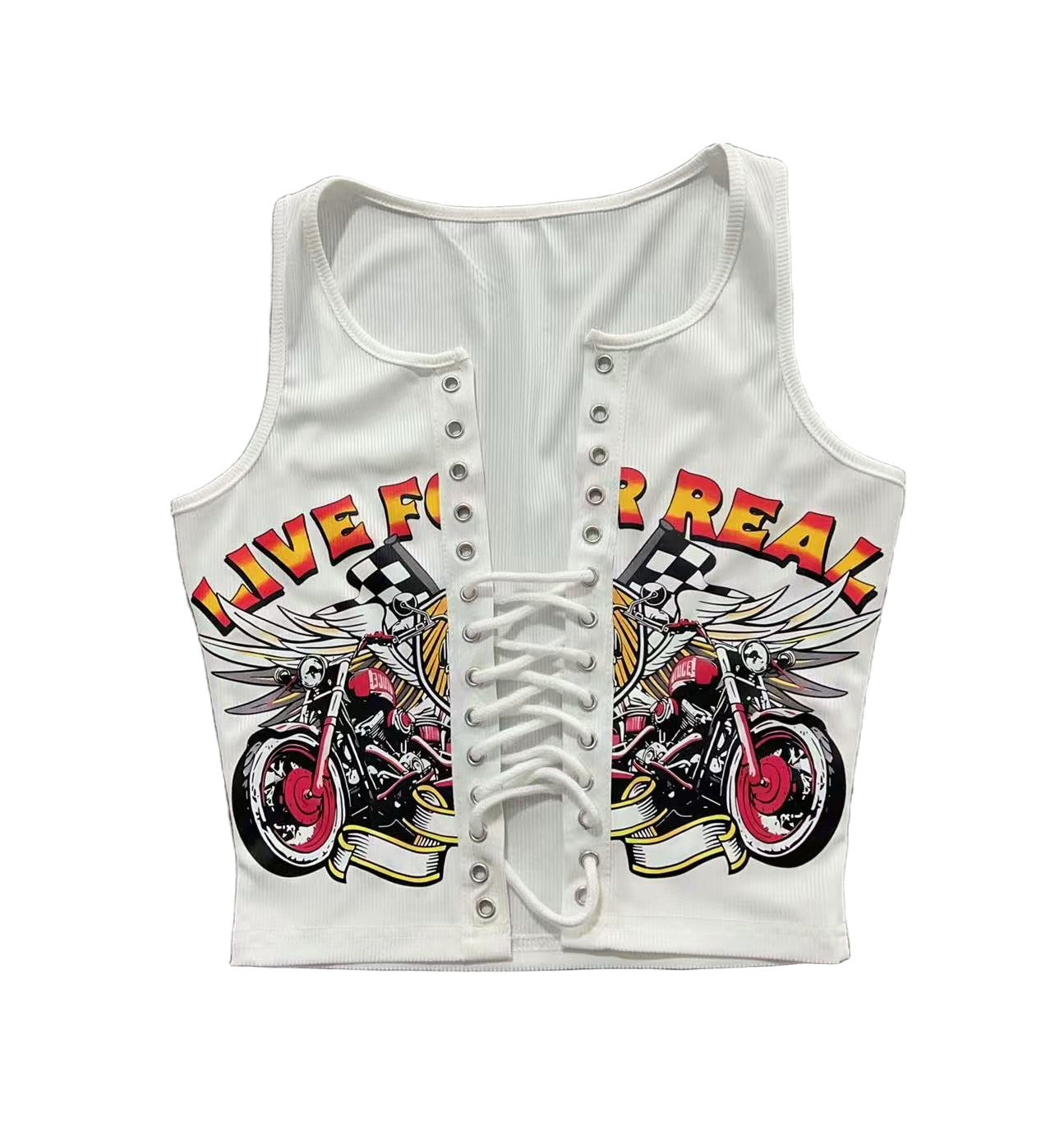 Vintage Graphic Lace Up Cutout Sleeveless Crop Tank Top