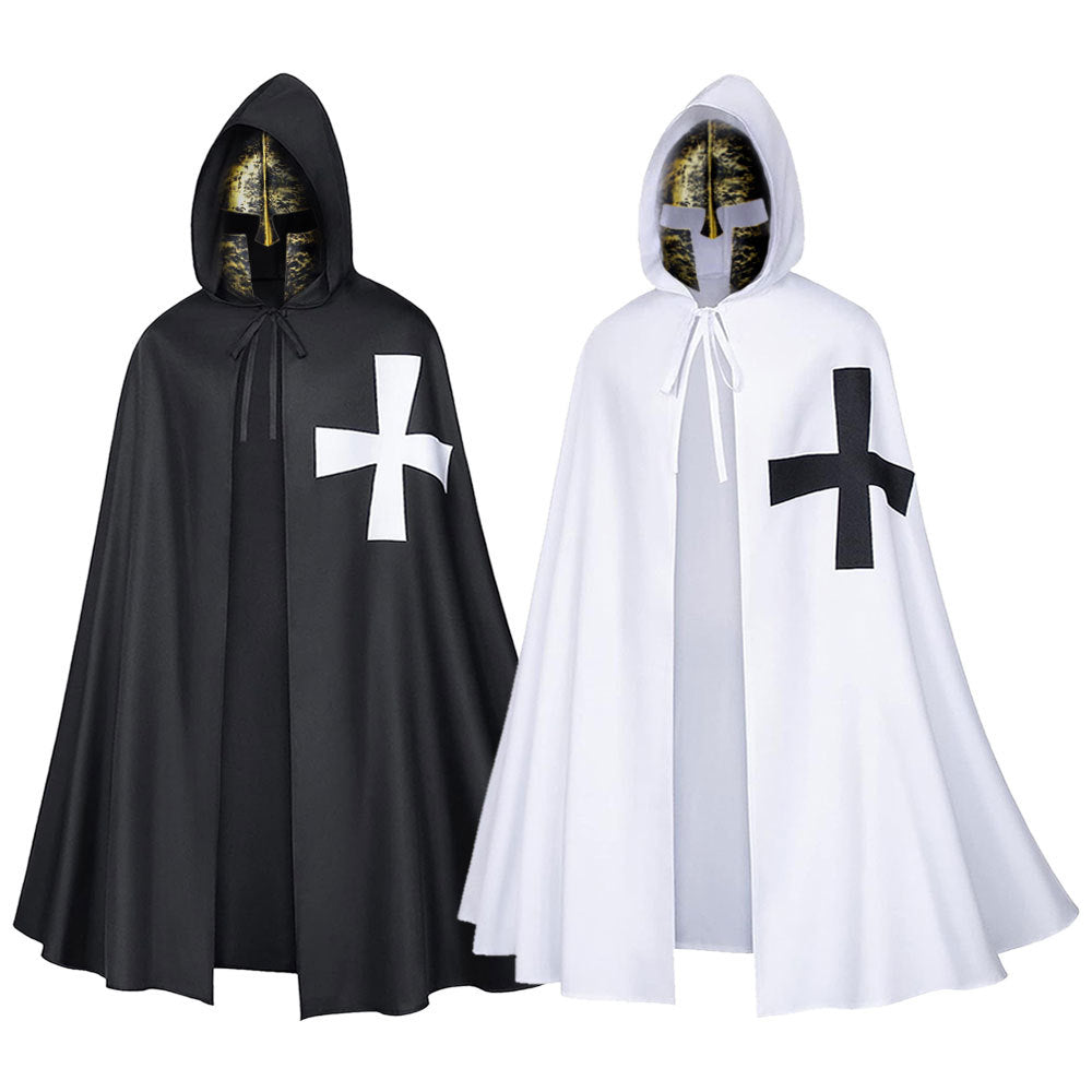 Halloween Men Medieval Templar Knight Hooded Cape Cross Print Cloak
