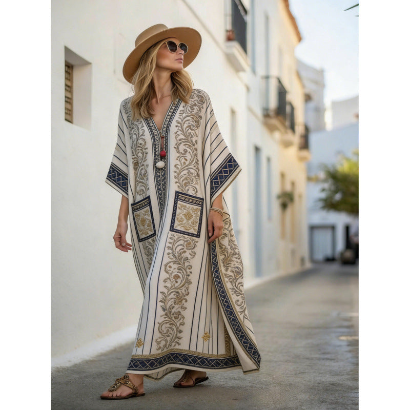 Women Boho Striped V Neck Open Front Loose Kaftan Maxi Beach Dress