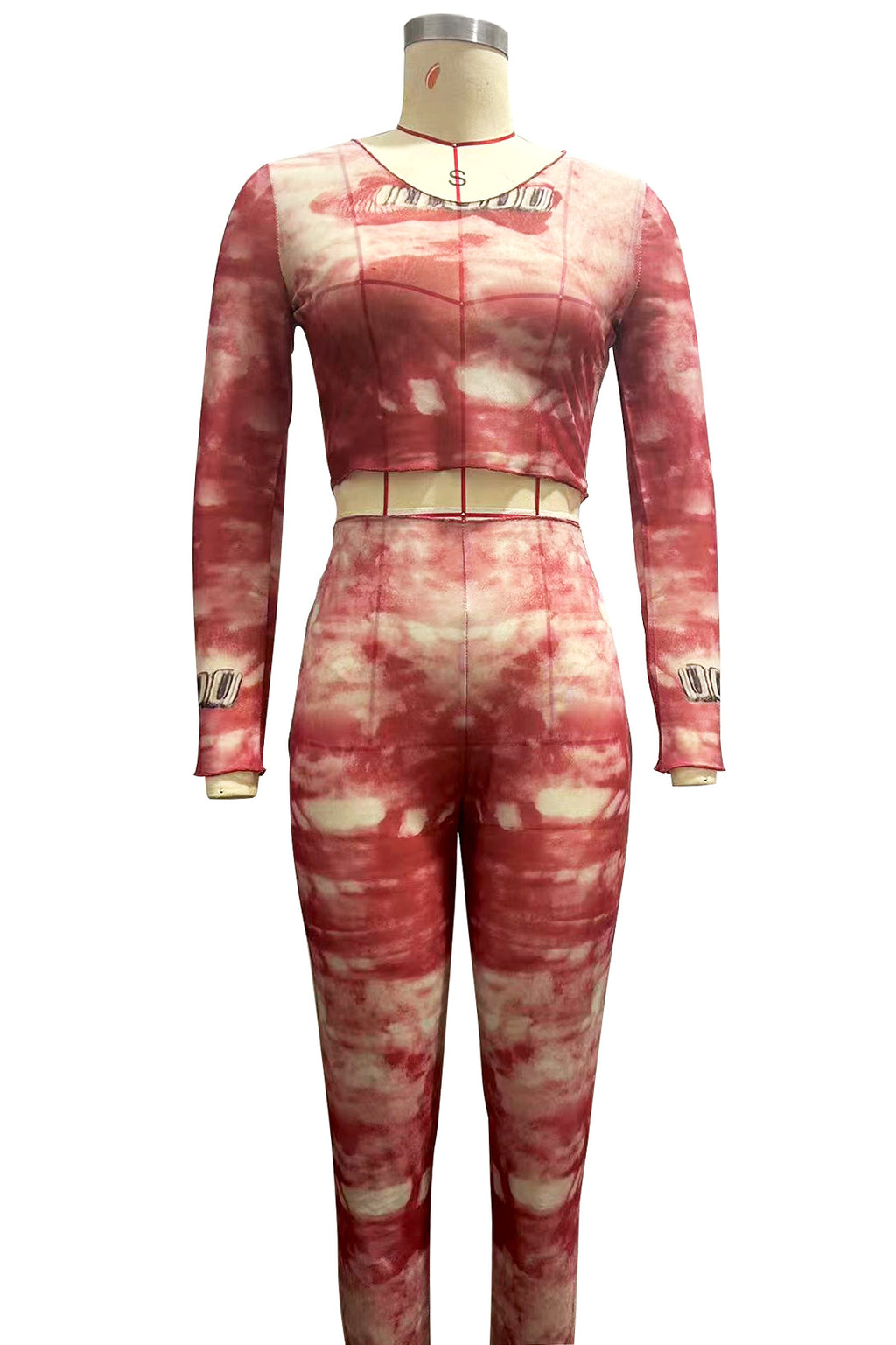 Tie Dye Mesh Long Sleeve Crop Top Leggings 2 Piece Set Women