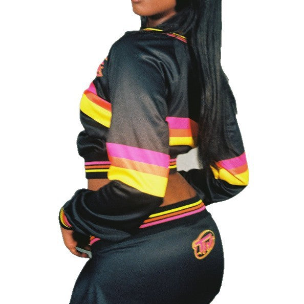 Twiley TM Rainbow Stripe Zip Crop Jacket Flare Pants 2 Piece Set Women