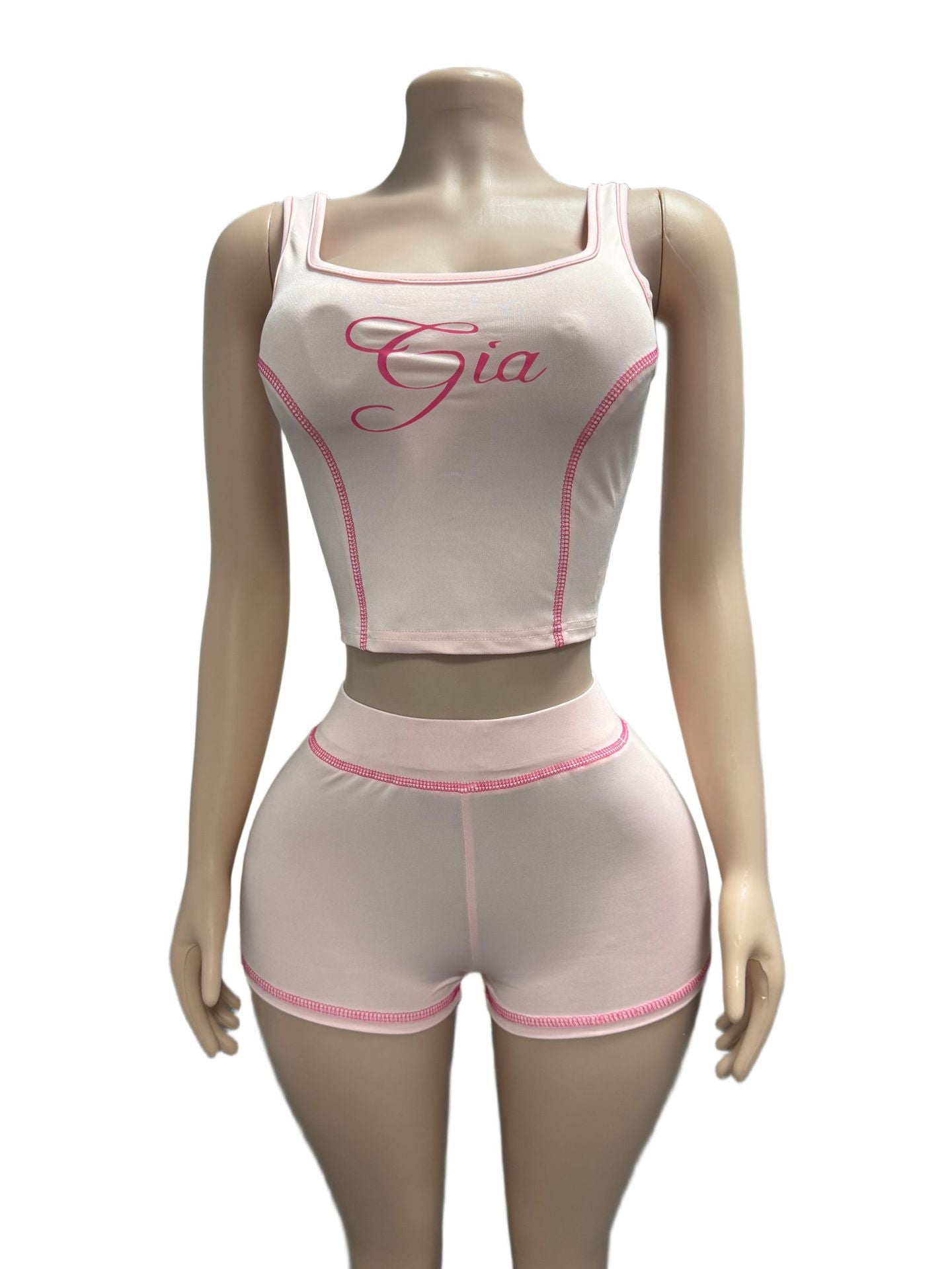 I.AM.GIA Contrast Piping Letter Print Square Neck Tank Short 2 Piece Set